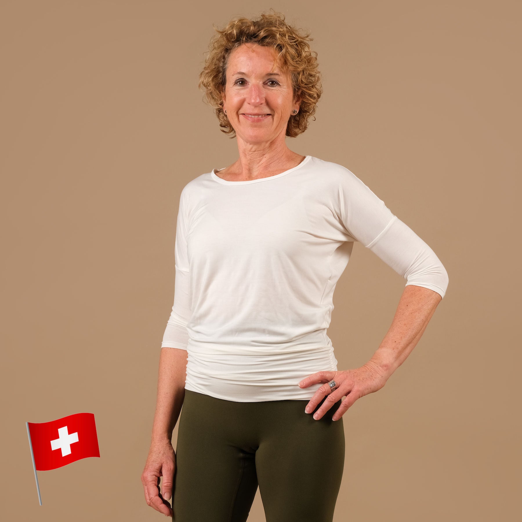 Yoga Shirt Comfy 3/4 Arm, in der Schweiz hergestellt, weichster Stoff, weiss