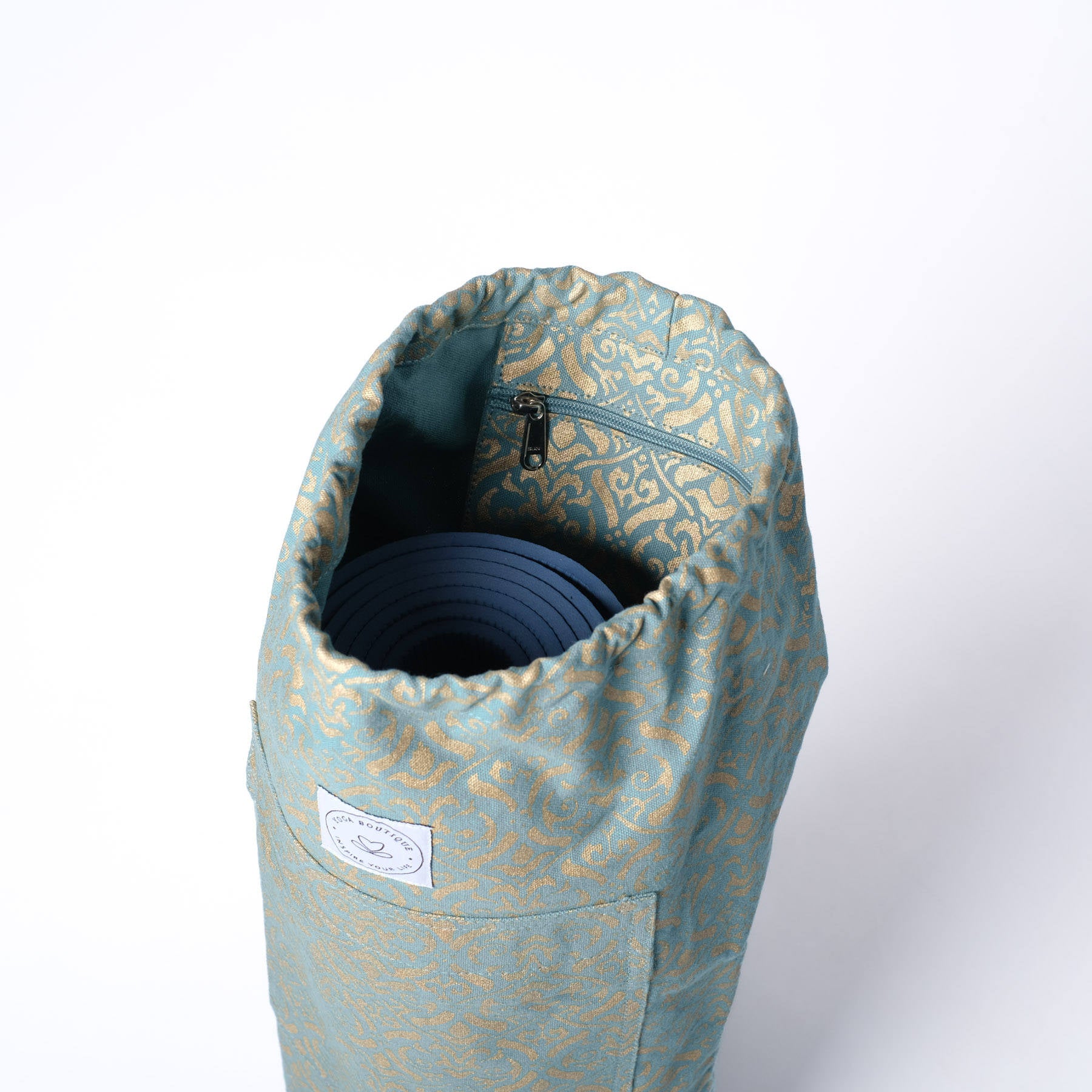 Yogamatten-Tasche aus Bio Baumwolle mit goldenem Blockprint green-water