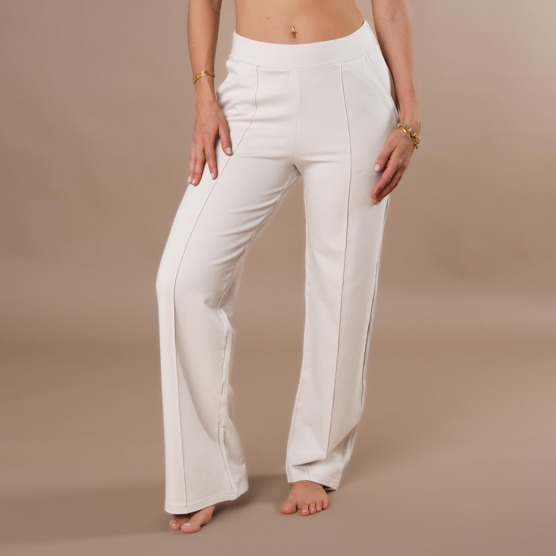 Damen Yoga Jogging Hose weit mit Biese ecru