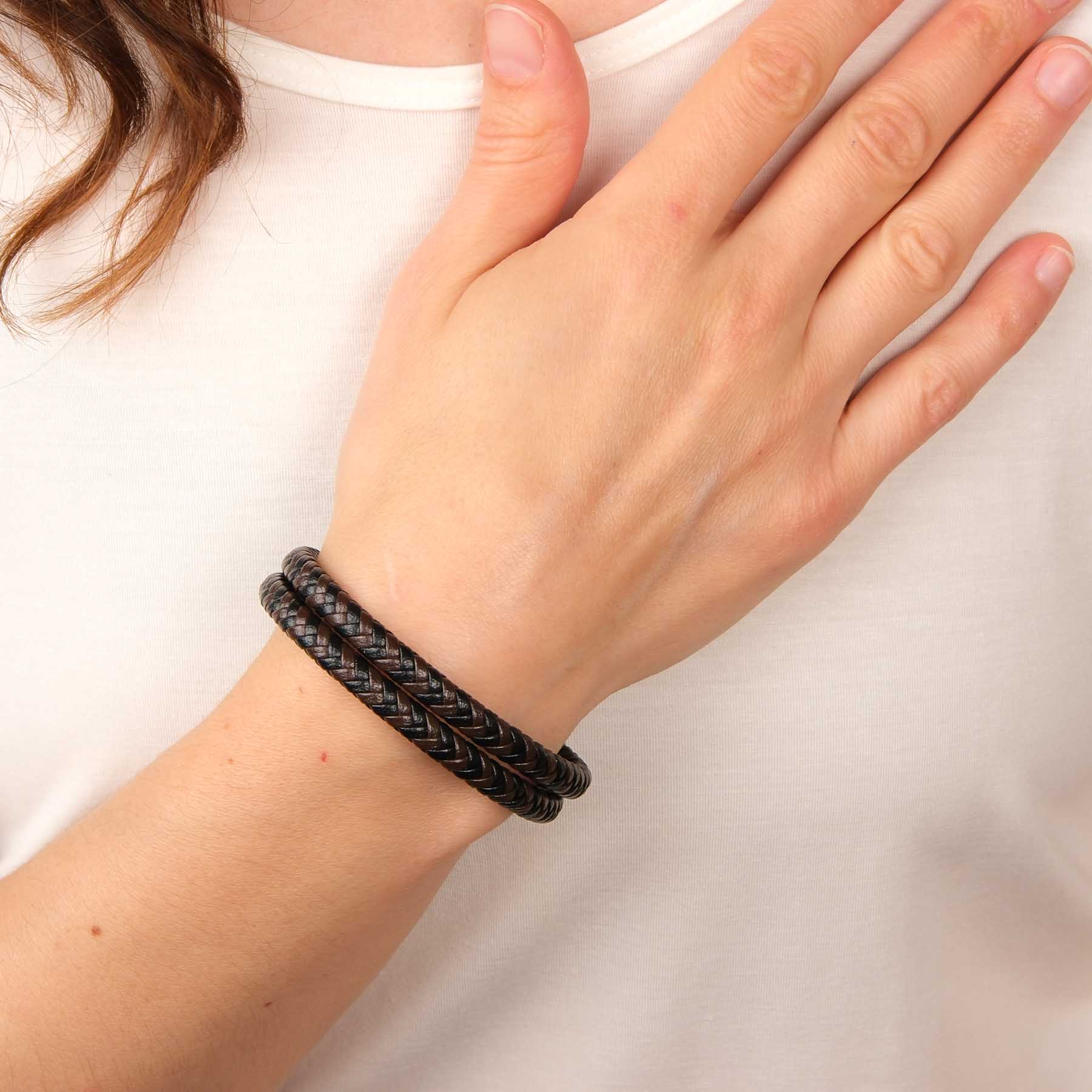 Leder Armband double geflochten braun-schwarz