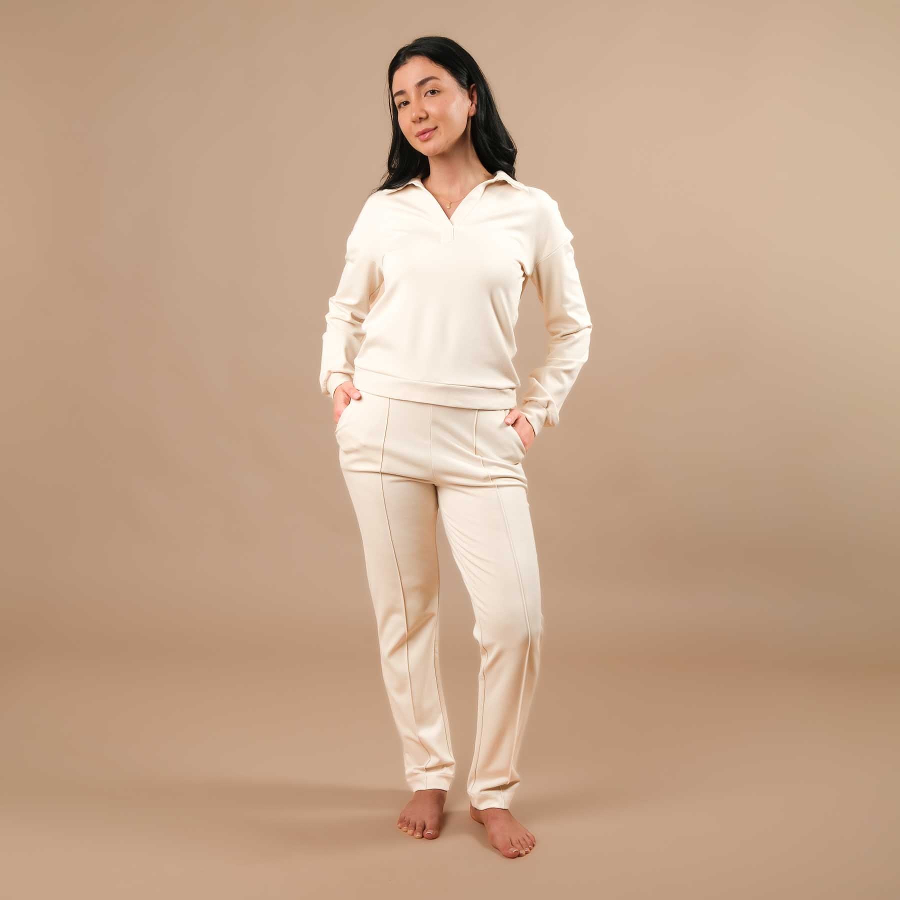 Business Jogger Hose Damen – elastische Businesshose mit Biese ecru