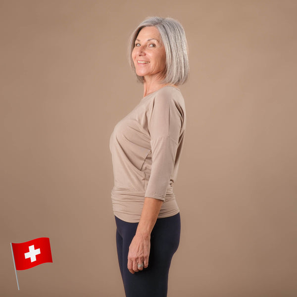 Yoga Shirt Comfy 3/4 Arm, in der Schweiz hergestellt, weichster Stoff, taupe