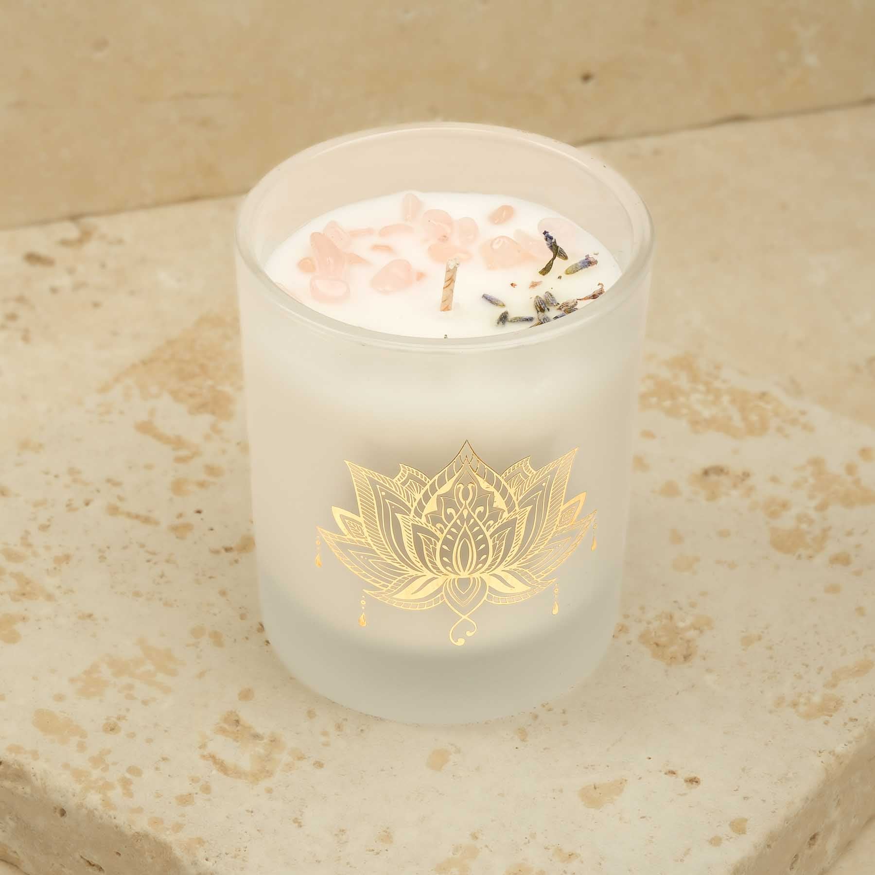 Duftkerze Vanille & Lavendel mit Edelsteinen weiss