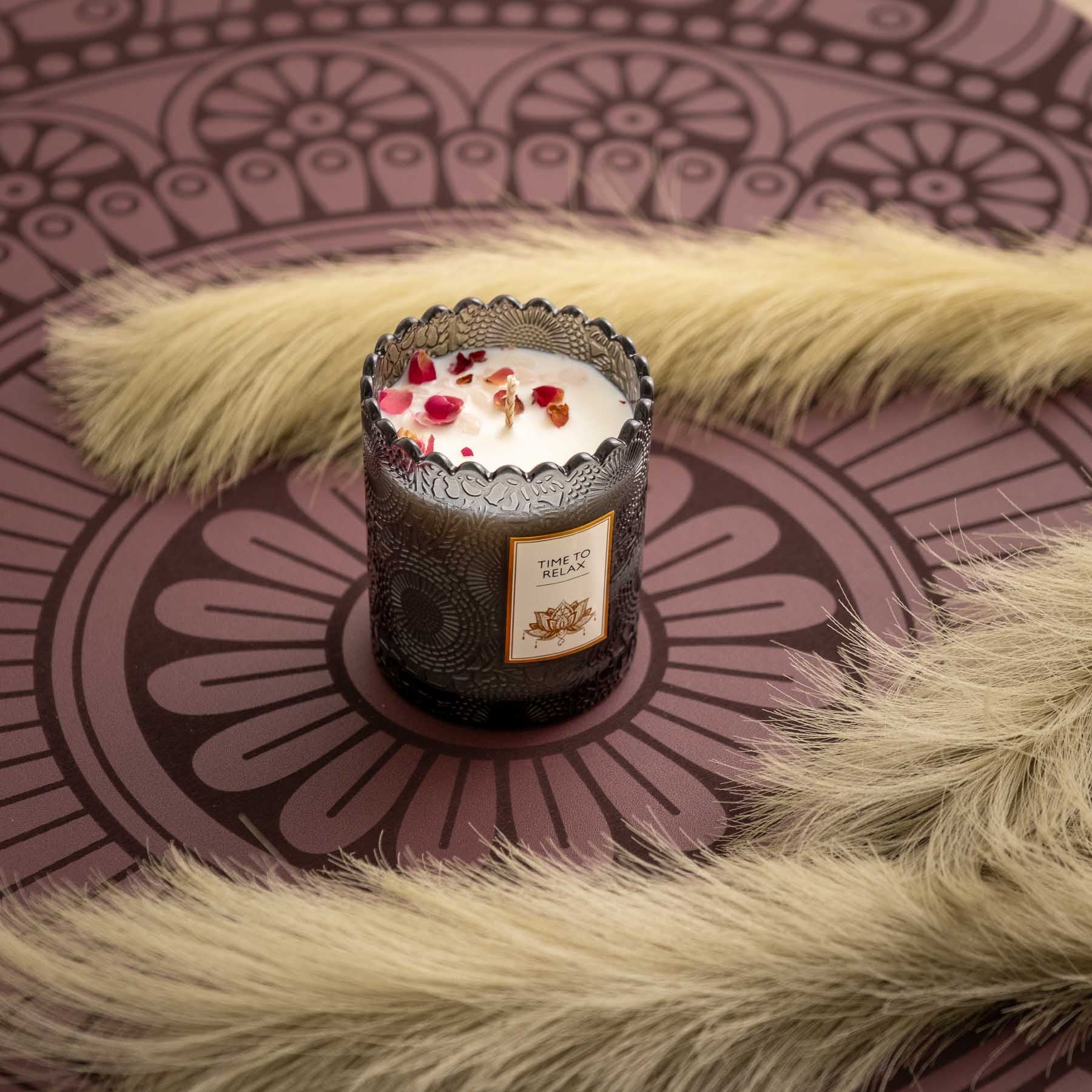 Duftkerze im Glas Rose, Amber & Musk mit Edelsteinen anthrazit