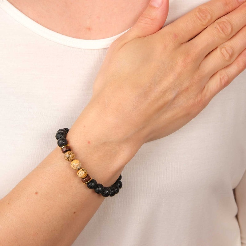 Edelstein Armband Stability mit Lavastein, Landschaftsjaspis und Holz