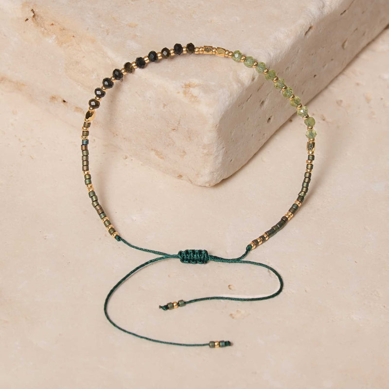 Miyuki Edelstein Armband mit Obsidian und Prehnit gruen