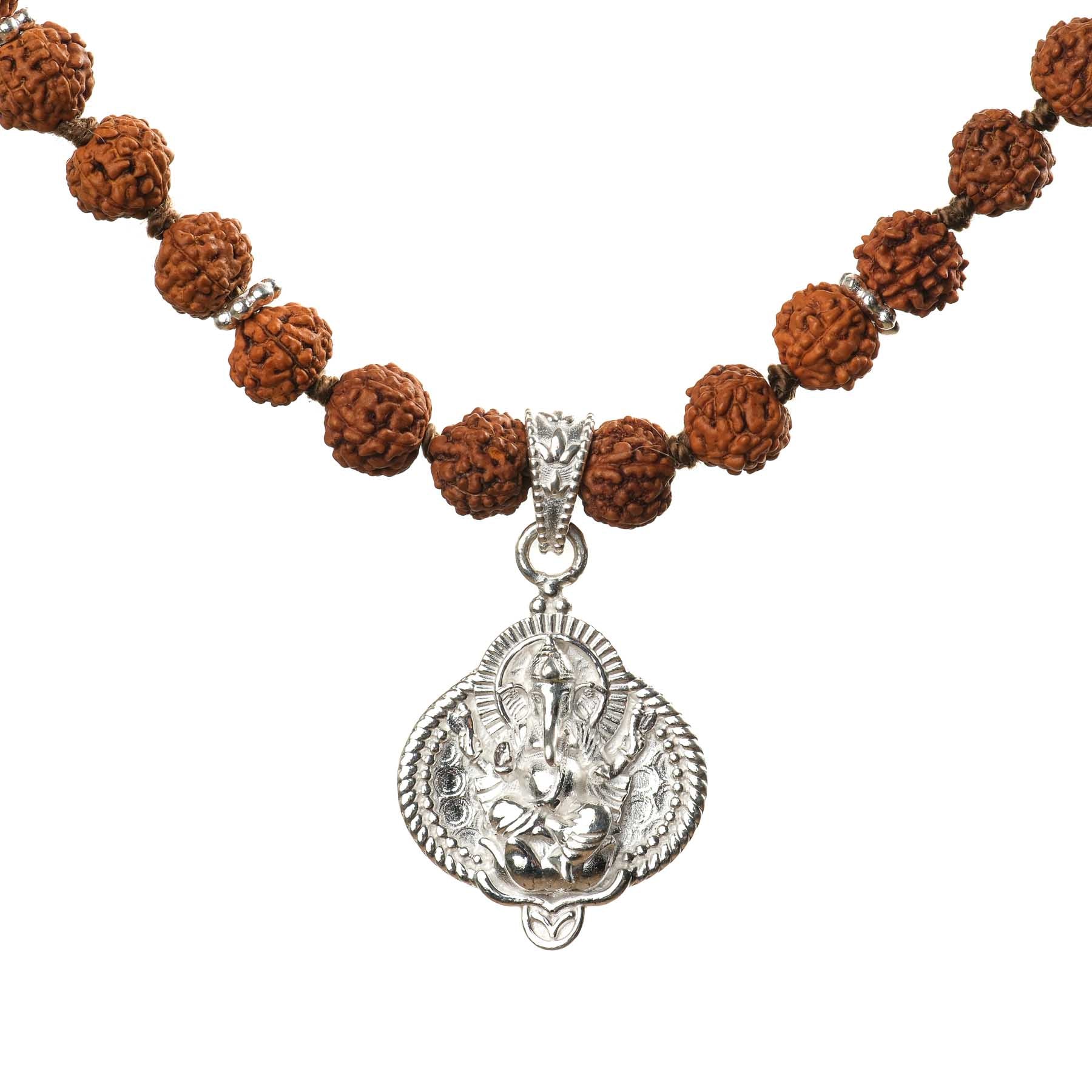 Mala Halskette Ganesh mit Rudraksha Perlen silber