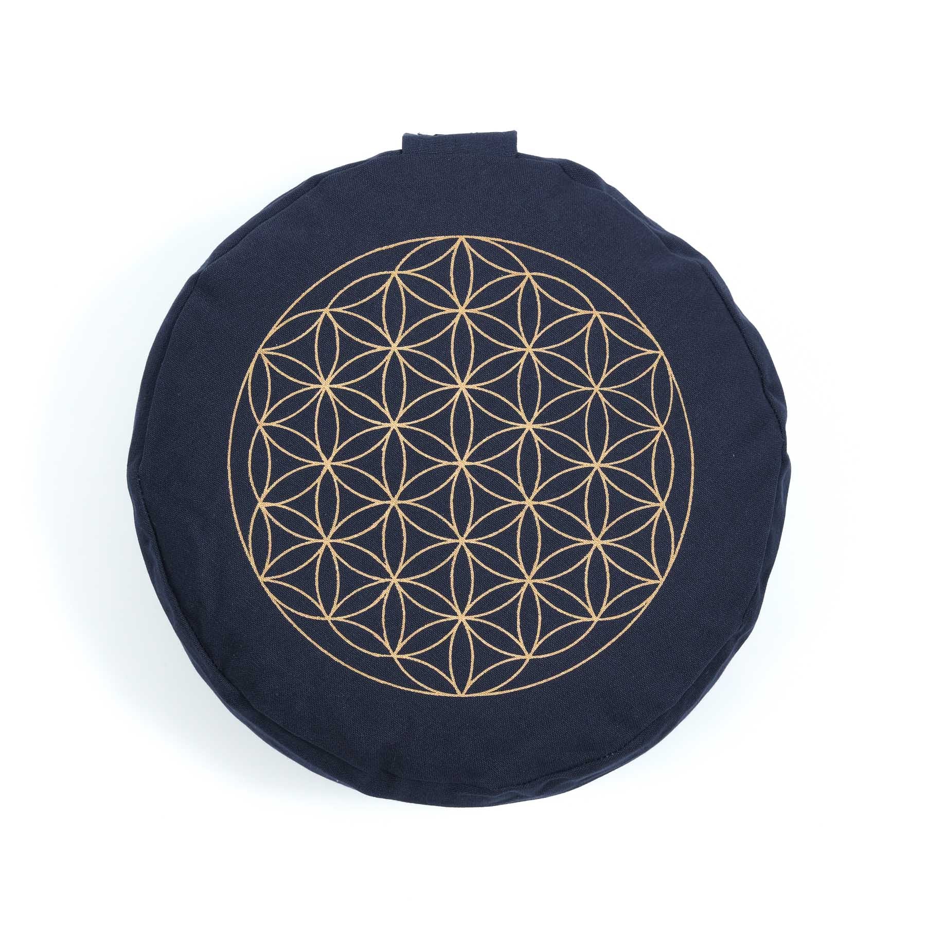 Meditationskissen rund Blume des Lebens gold Print navy