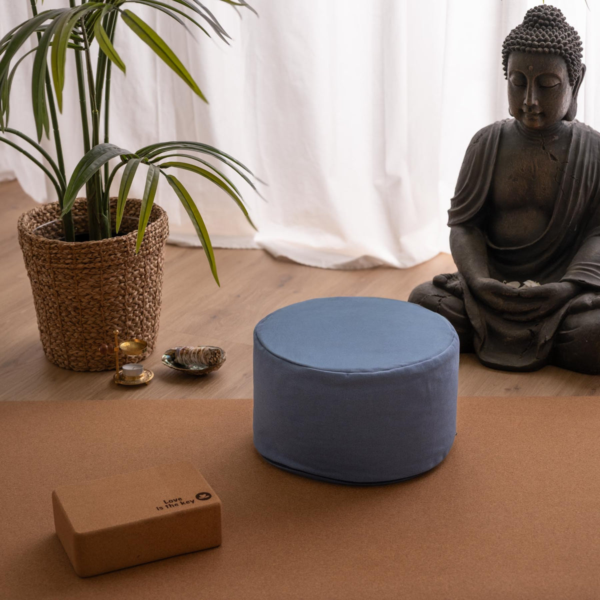 Coussin de méditation rond, uni, extra haut, bleu ciel