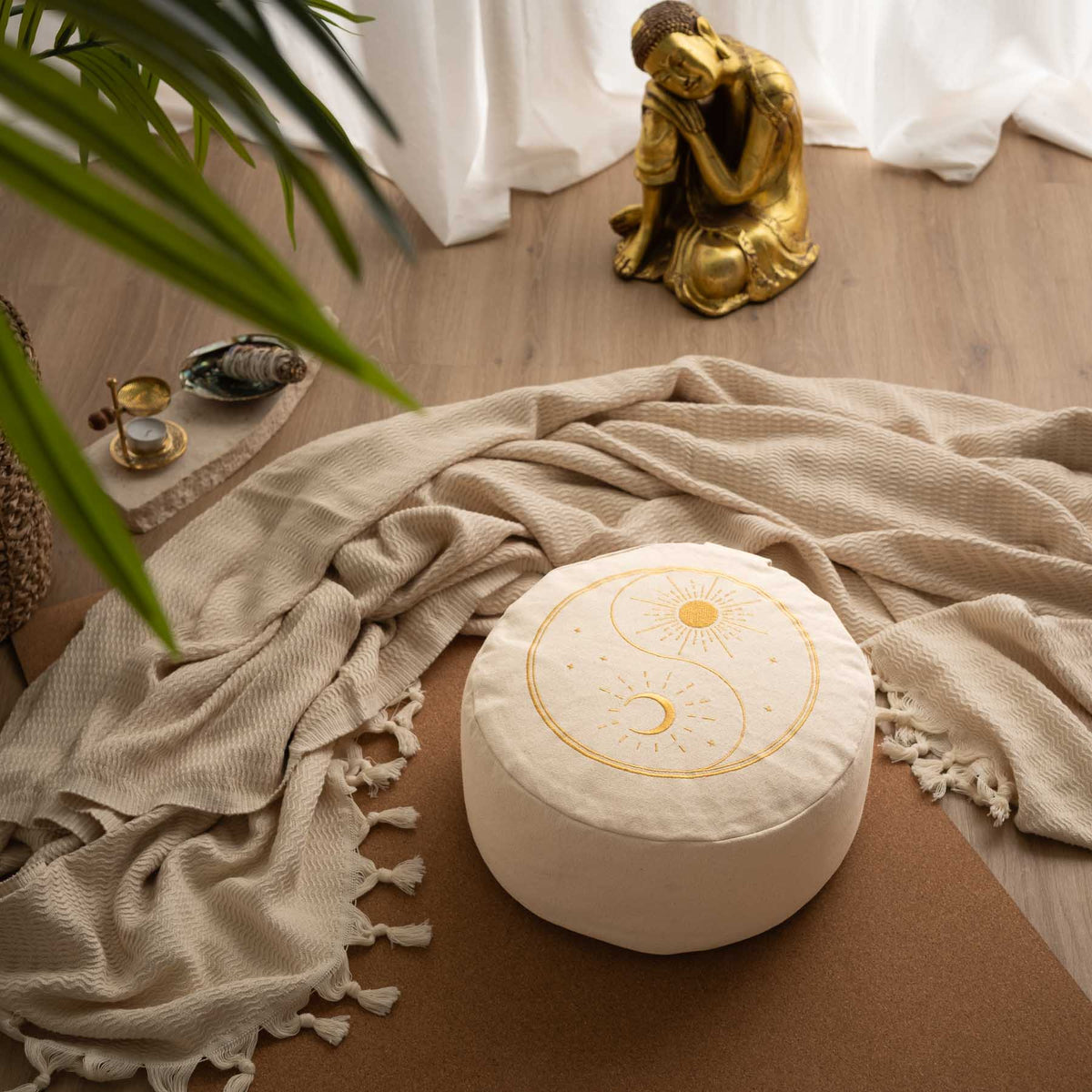 Coussin de méditation rond Yin Yang, brodé d'or, blanc naturel