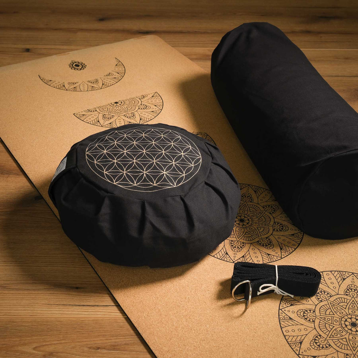 Meditationskissen Zafu Blume des Lebens schwarz