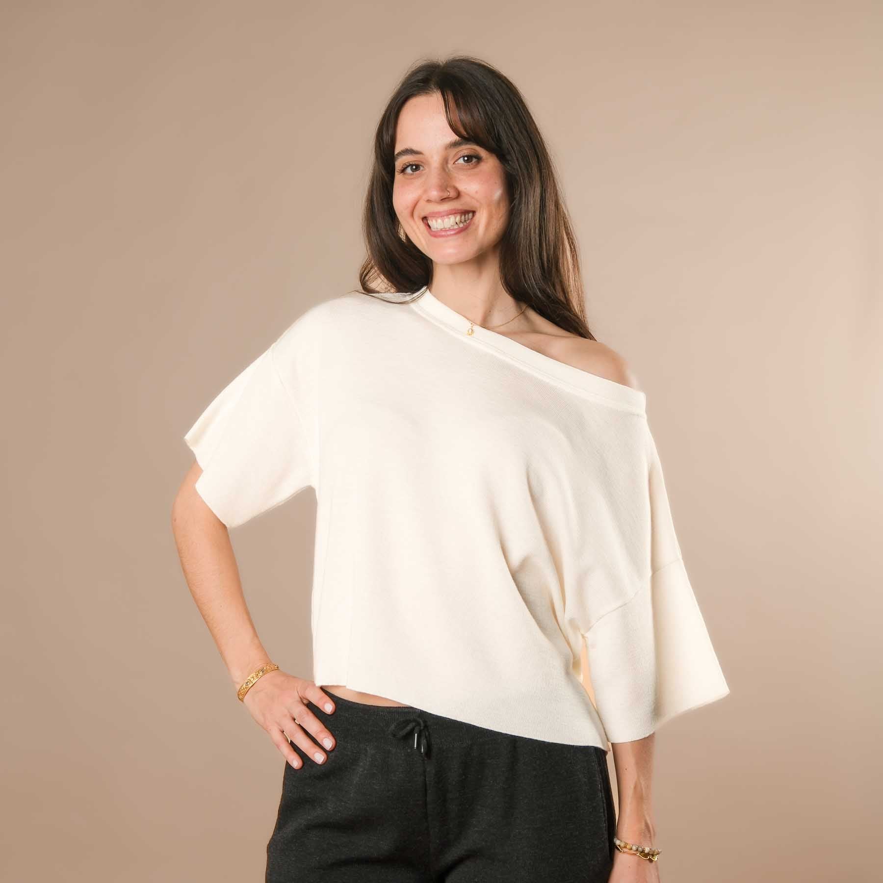 T-shirt ample 100 % laine mérinos, fabriqué en Suisse, blanc cassé