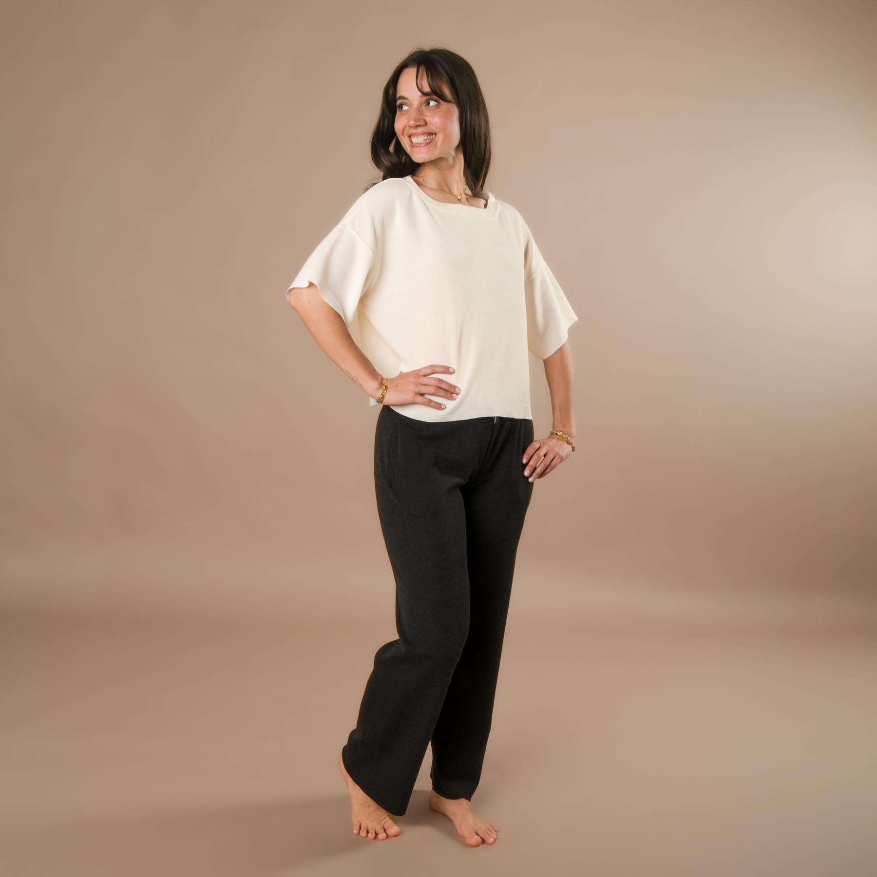 T-shirt ample 100 % laine mérinos, fabriqué en Suisse, blanc cassé