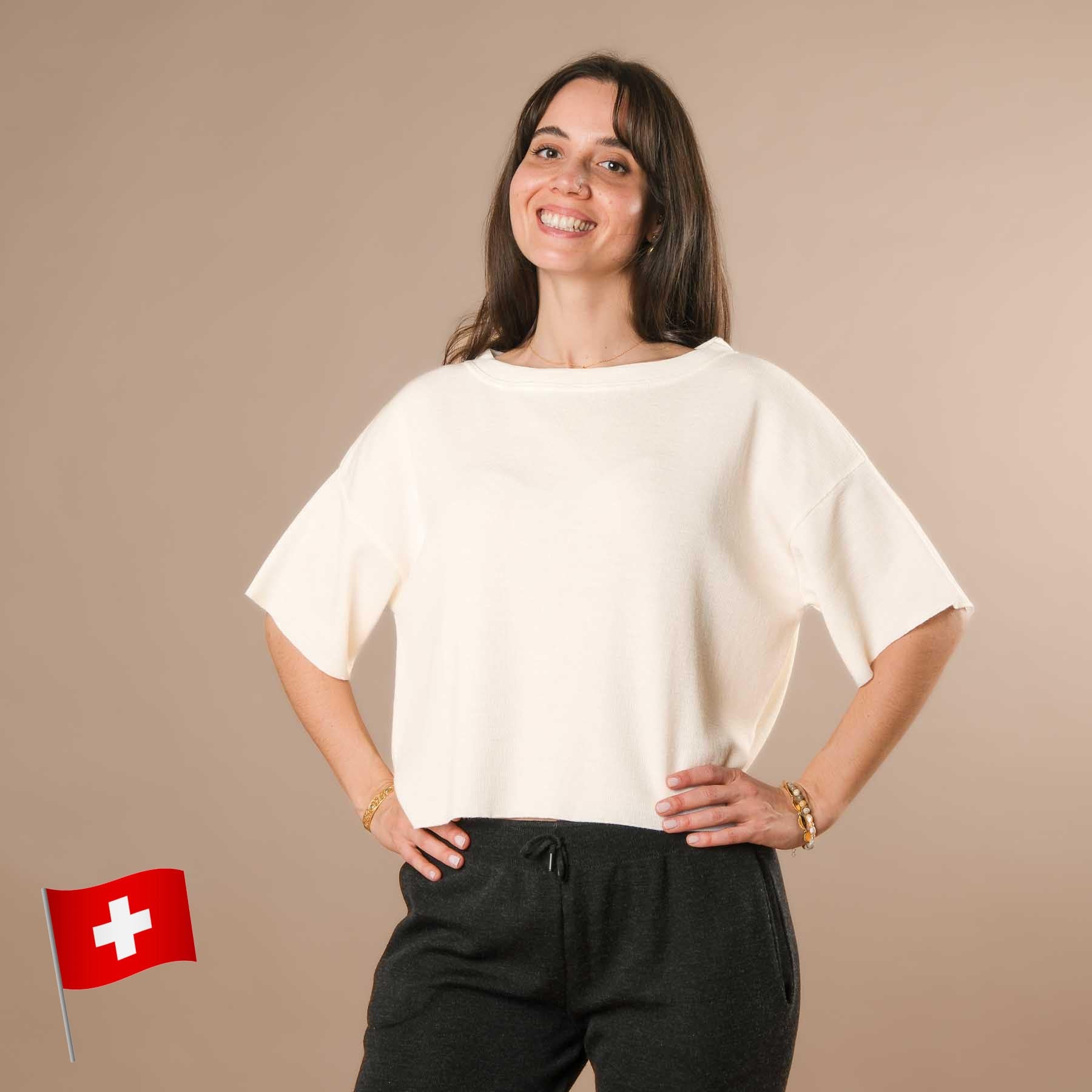 T-shirt ample 100 % laine mérinos, fabriqué en Suisse, blanc cassé