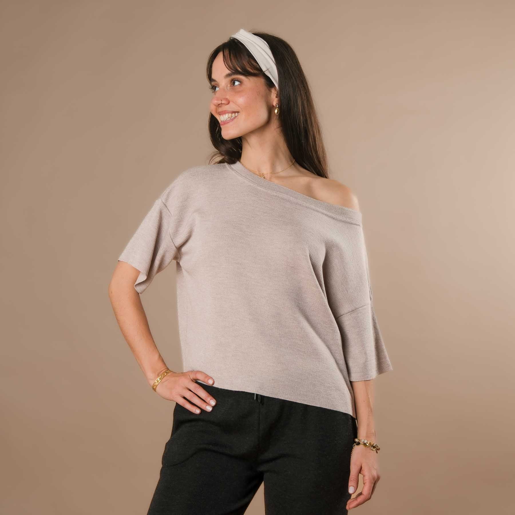 T-shirt ample 100 % laine mérinos, fabriqué en Suisse, beige