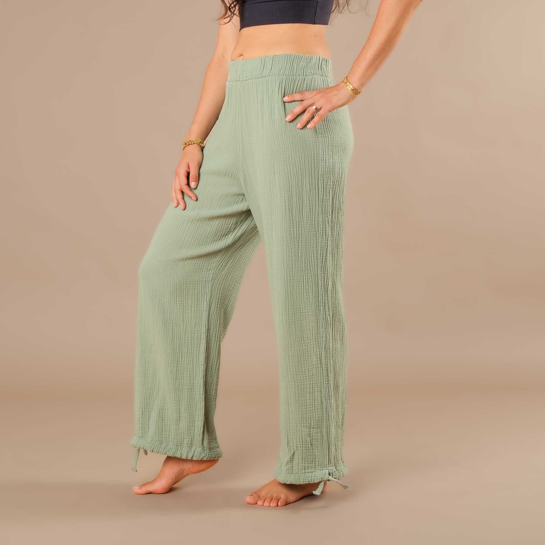 Pantalon long en mousseline pour femme, vert sauge
