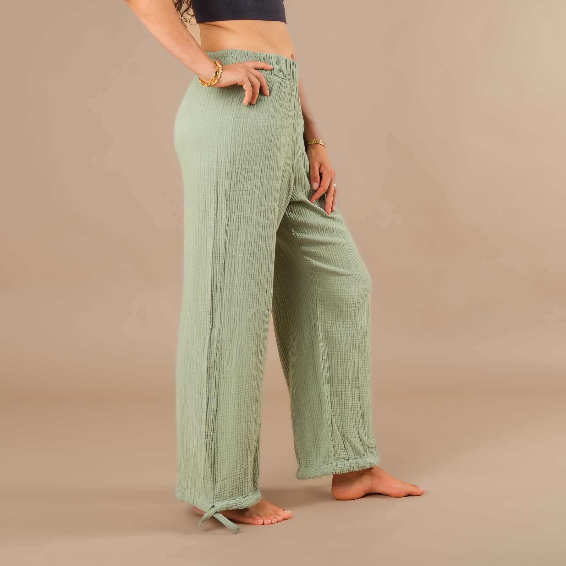 Pantalon long en mousseline pour femme, vert sauge