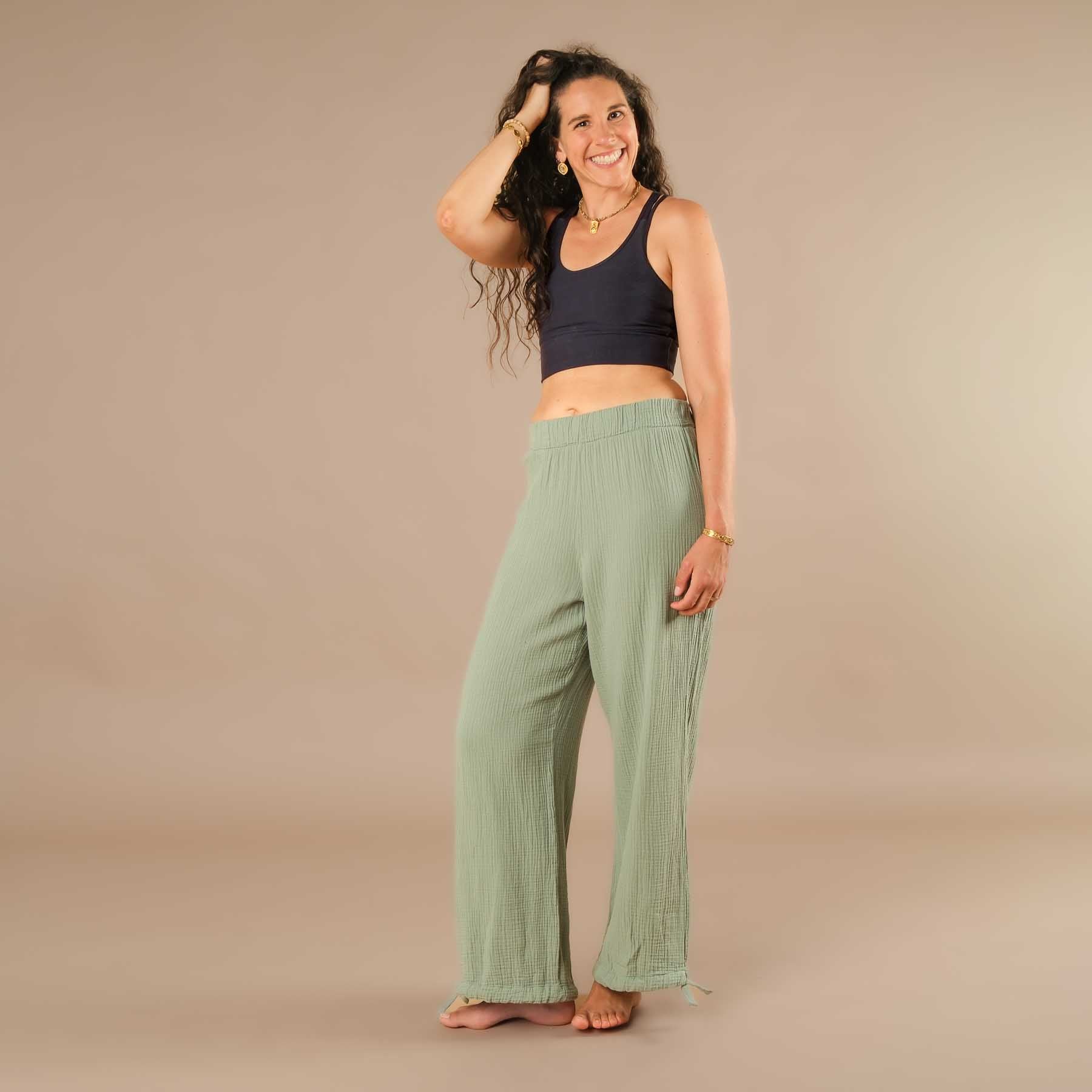 Pantalon long en mousseline pour femme, vert sauge