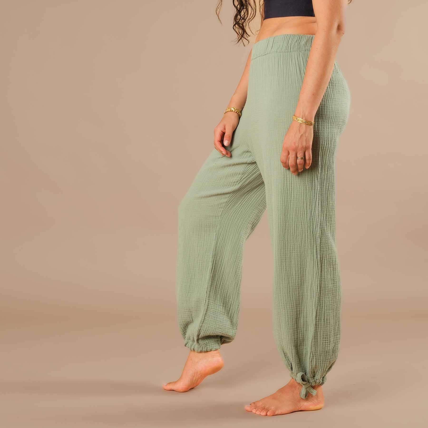 Pantalon long en mousseline pour femme, vert sauge
