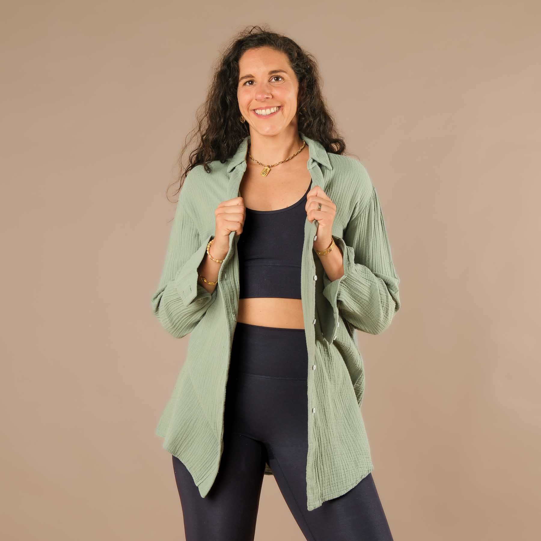 Musselin Bluse Tunika Damen salbei-gruen
