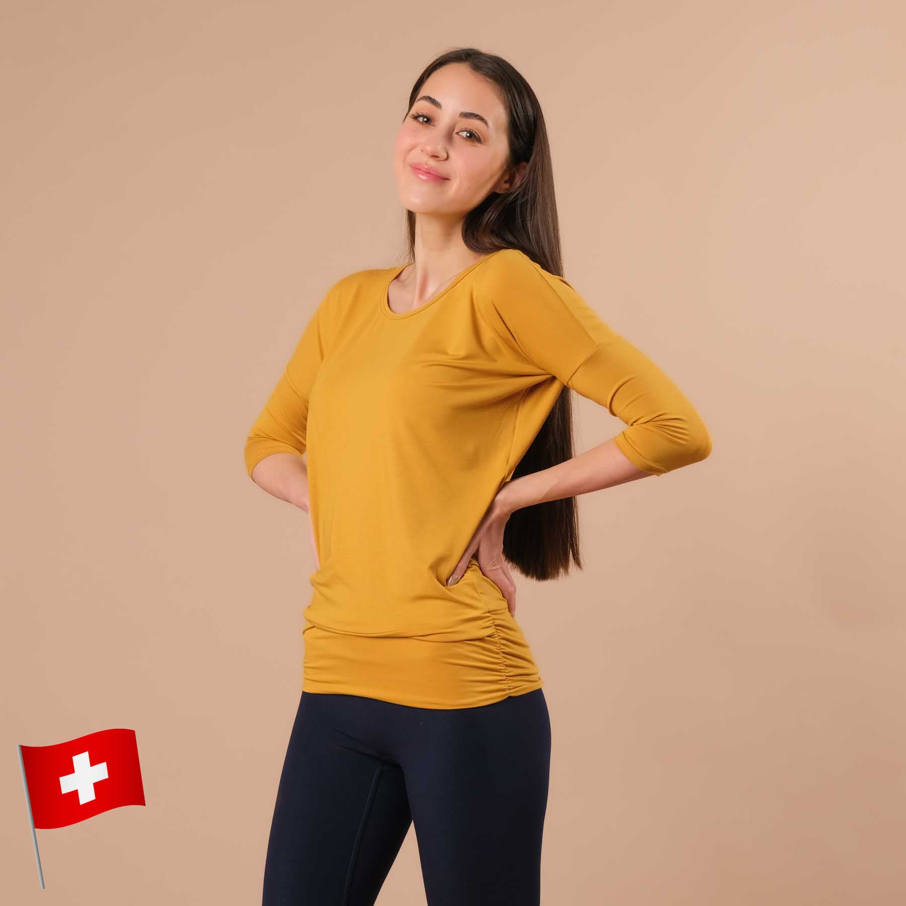 Yoga Shirt Comfy 3/4 Arm, in der Schweiz hergestellt, weichster Stoff, curry