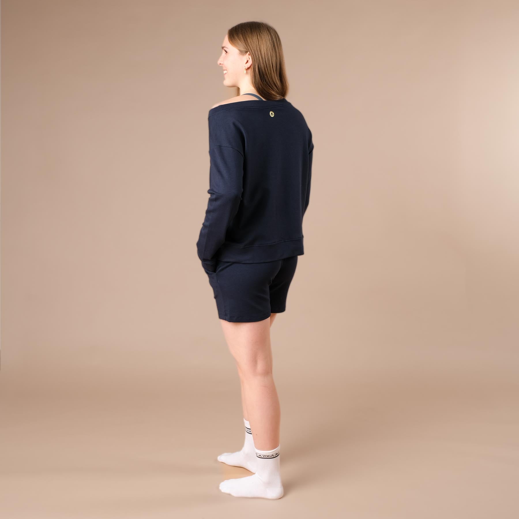Pull à épaules dénudées, durable et confortable, bleu marine