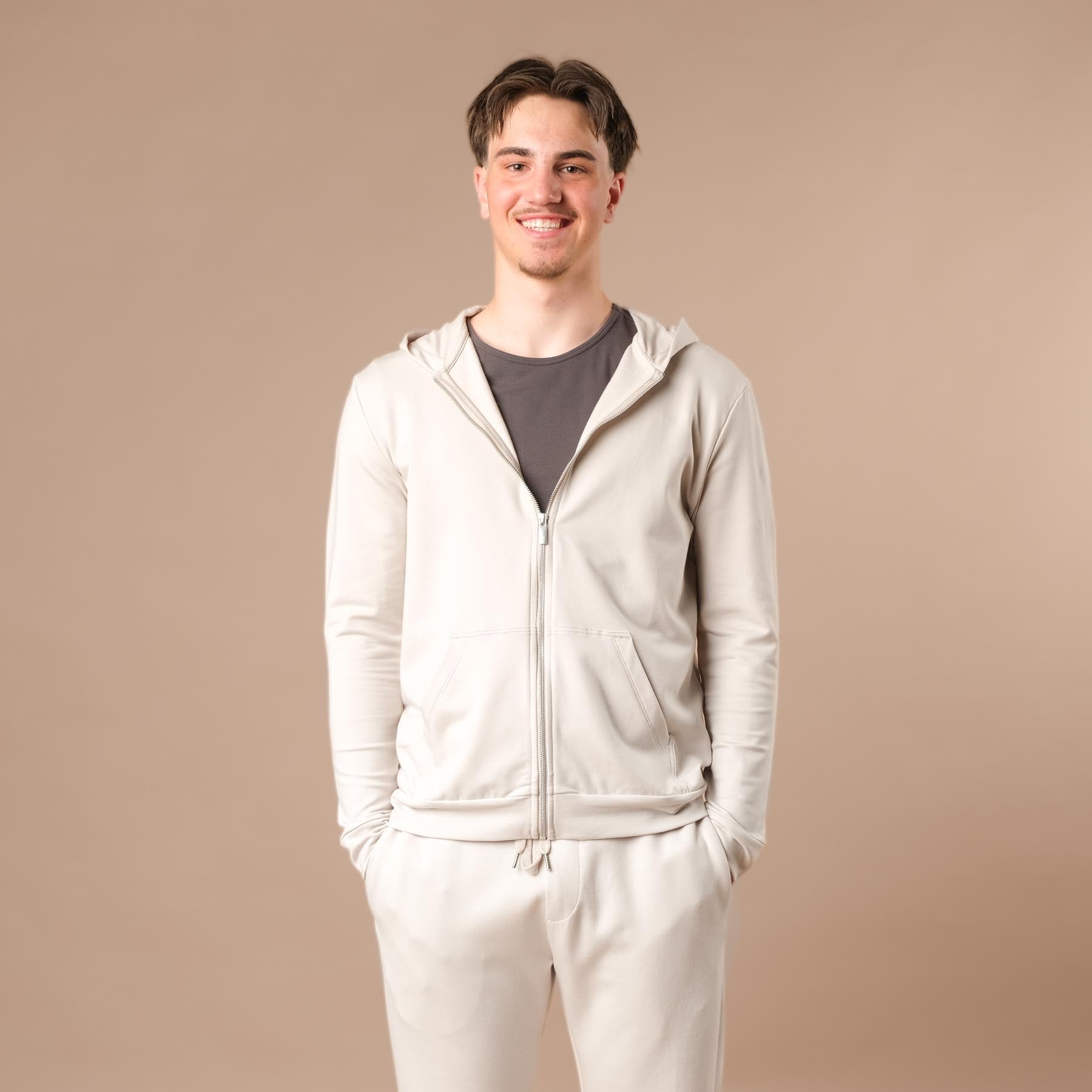 Felpa con cappuccio e zip unisex, realizzata in modo sostenibile in cotone e modal color ecru