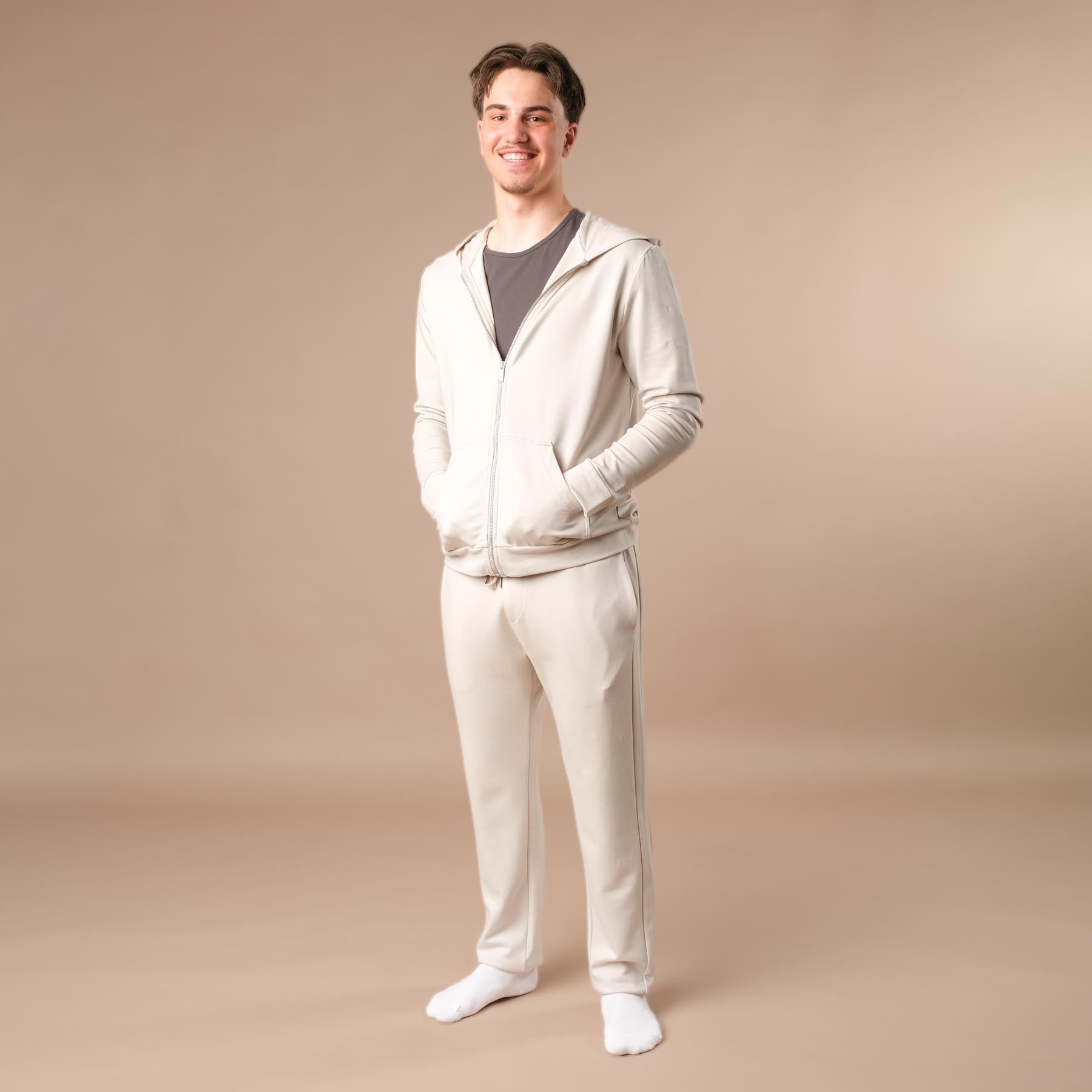 Felpa con cappuccio e zip unisex, realizzata in modo sostenibile in cotone e modal color ecru