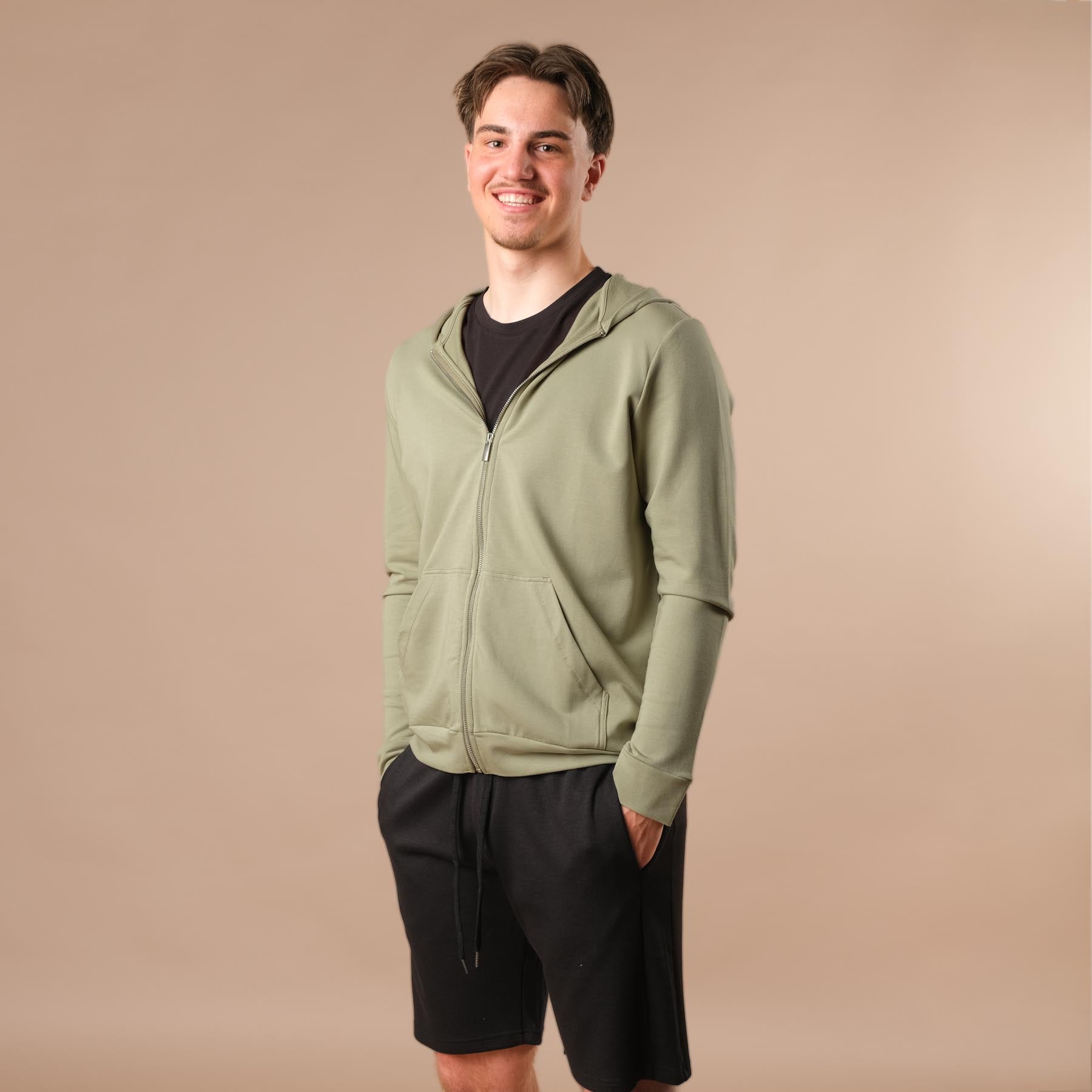 Felpa con cappuccio e zip unisex, realizzata in cotone e modal sostenibili, verde giada
