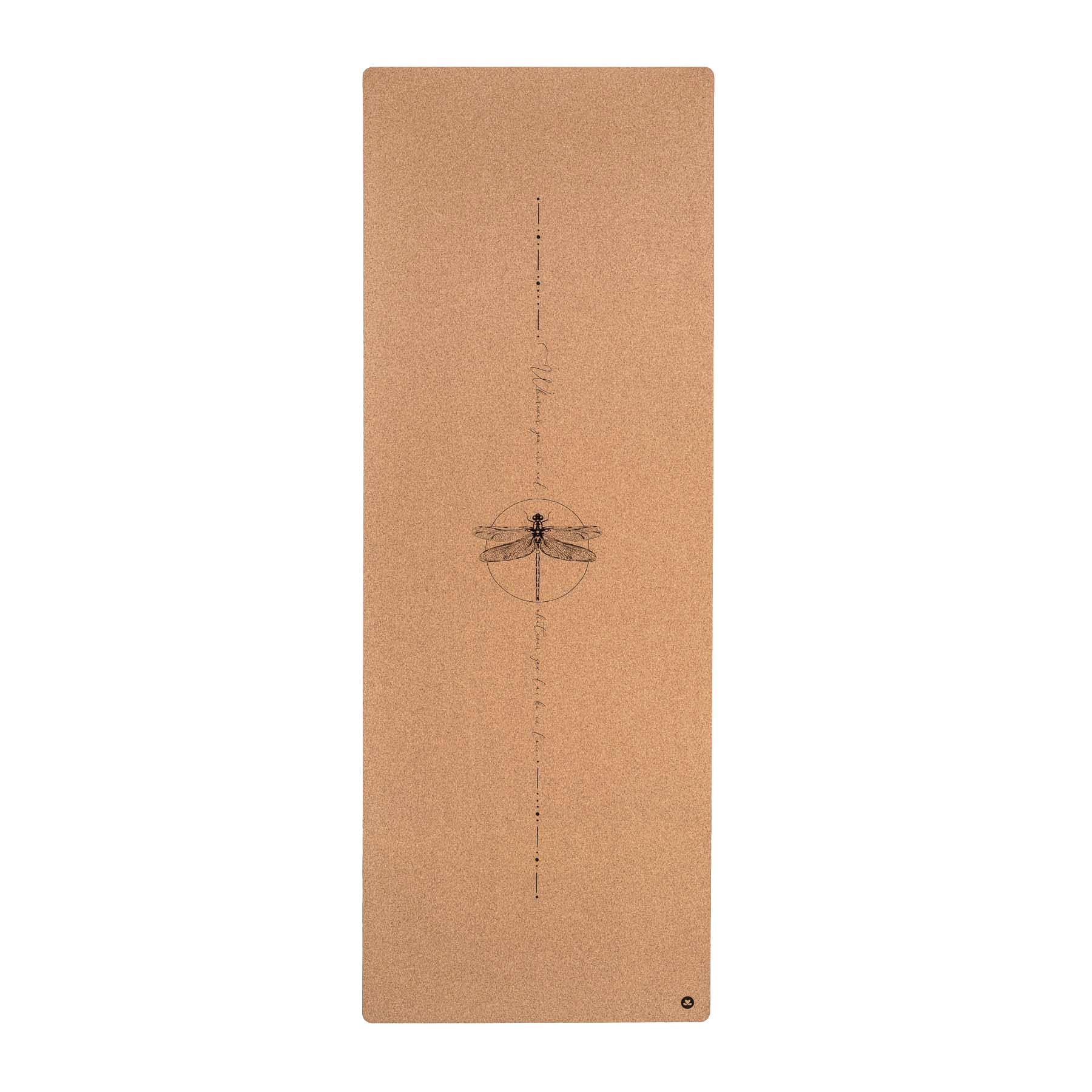 Yogamatte aus Kork und Naturkautschuk mit Libelle und Hilfslinie