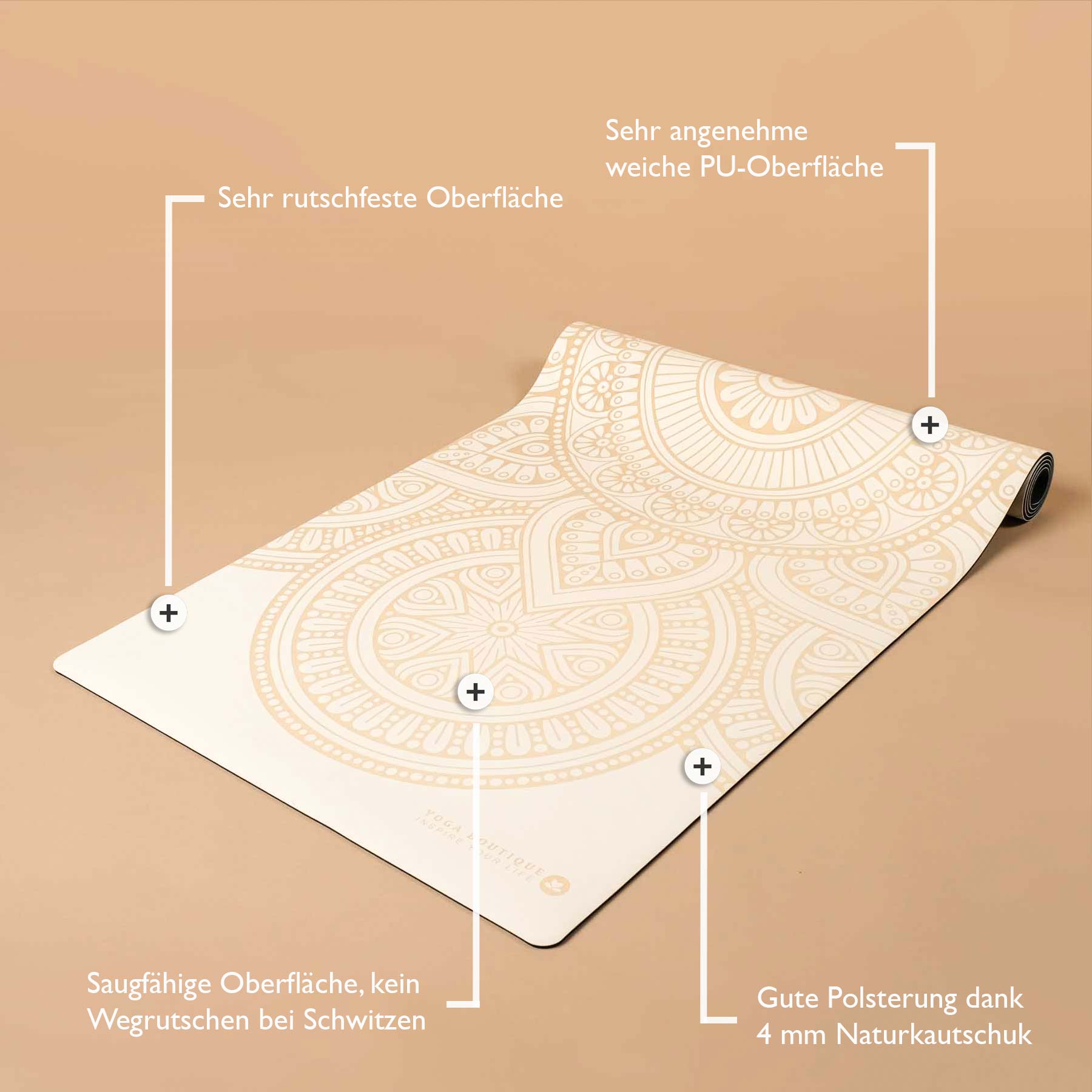 Yogamatte SuperGrip 2.0 Mandala sehr rutschfeste Yogamatte weiss aus Naturkautschuk mit guter Halt