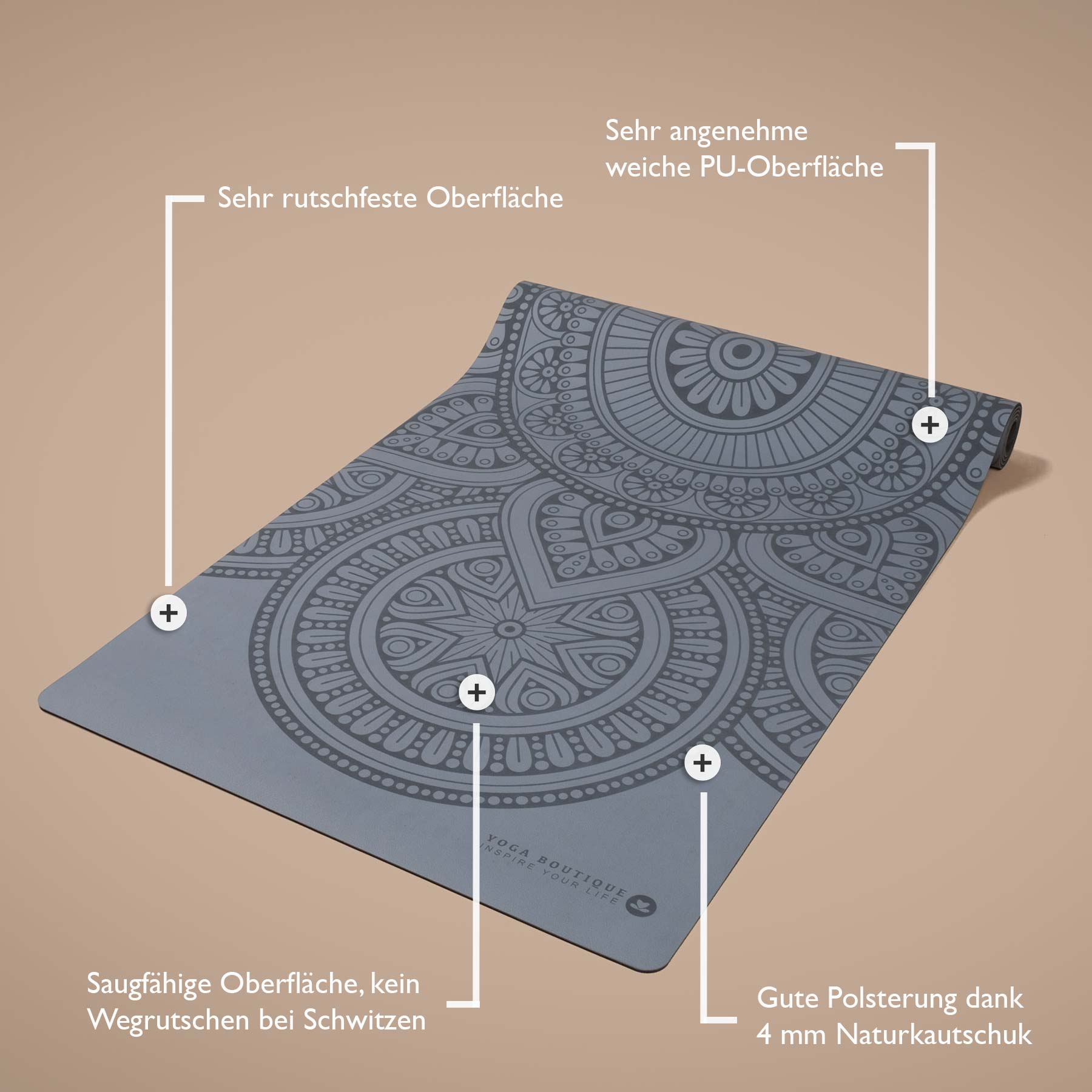 Yogamatte SuperGrip 2.0 Mandala sehr rutschfeste Yogamatte graublau