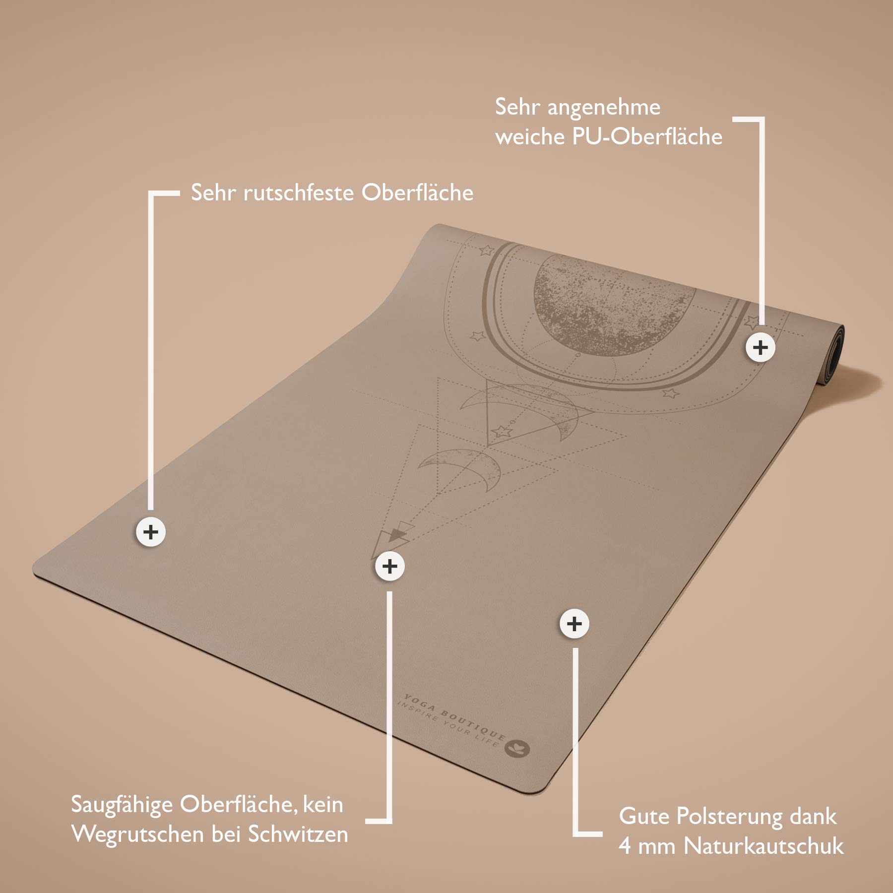 Yogamatte SuperGrip 2.0 Moon mit Hilfslinien zum korrekten Ausrichten sand