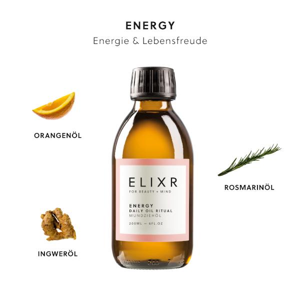 ELIXR ENERGY Mundöl zum Ölziehen ist eine vitalisierende, ultra-konzentrierte Formulierung mit frisch-warmem Orangenöl, aromatischem Rosmarinöl und stimulierendem Ingweröl. Es regt den gesamten Organismus an, macht frisch und wach und hinterlässt einen angenehmen, belebenden Geschmack im Mund.