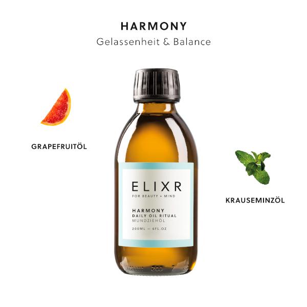 ELIXR HARMONY Mundöl zum Ölziehen ist eine pflegende, ausbalancierte Rezeptur aus spritzig-frischem Grapefruitöl und Krauseminzöl. Sie hinterlässt einen angenehmen, frischen Geschmack im Mund.