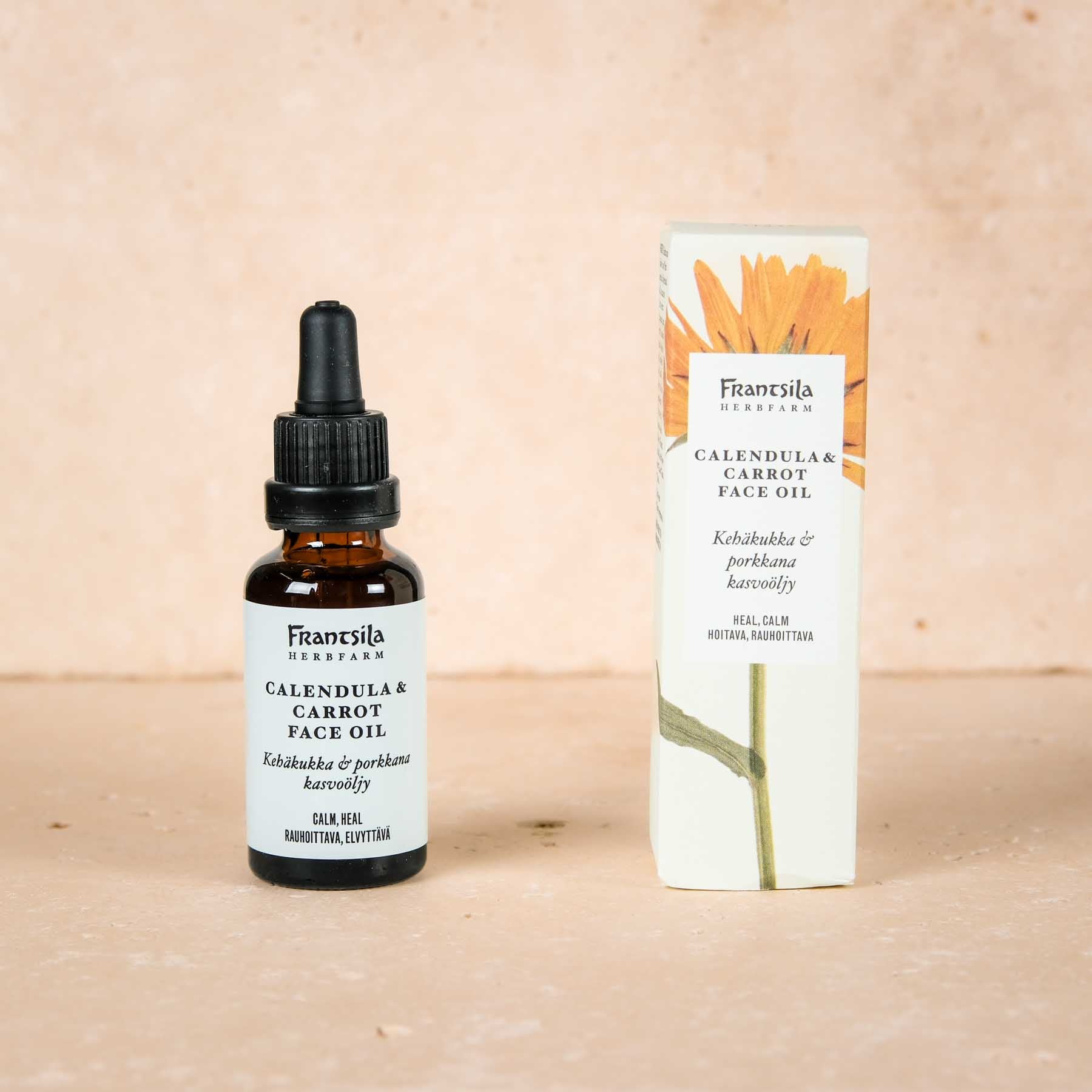 Verwöhnen Sie Ihre Haut mit dem Naturkosmetik Gesichtsöl Calendula (Ringelblume) & Karotte von Frantsila – beste Naturkosmetik aus Finnland.