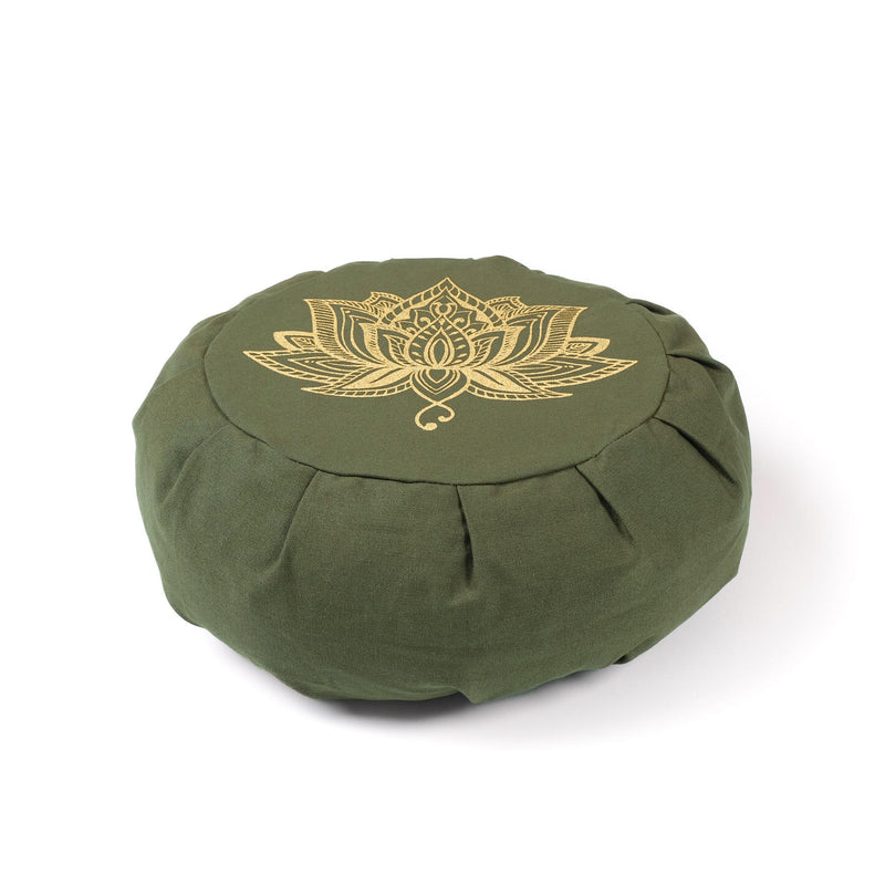 Meditationskissen Zafu aus Bio Baumwolle olive grün mit Gold Print Lotus