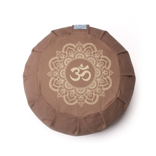 Meditationskissen Zafu aus Bio Baumwolle mit Gold Print Mandala OM brown-earth