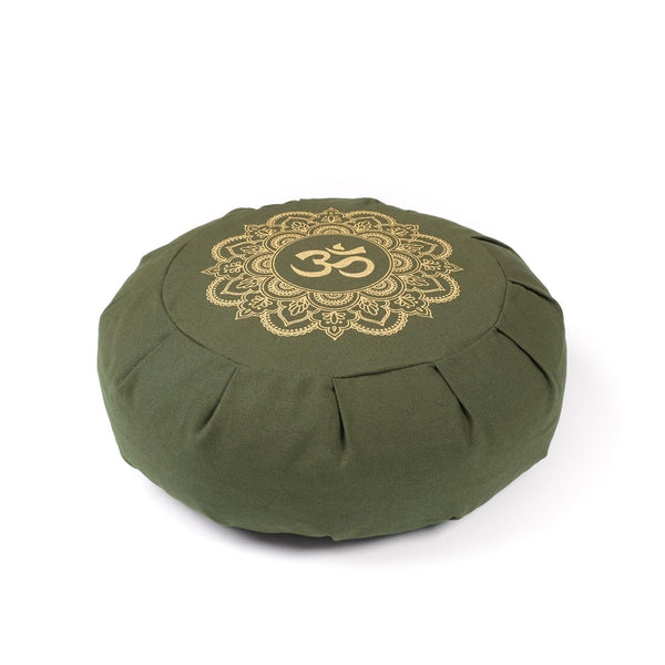 Meditationskissen Zafu aus Bio Baumwolle olive grün mit Gold Print Mandala OM