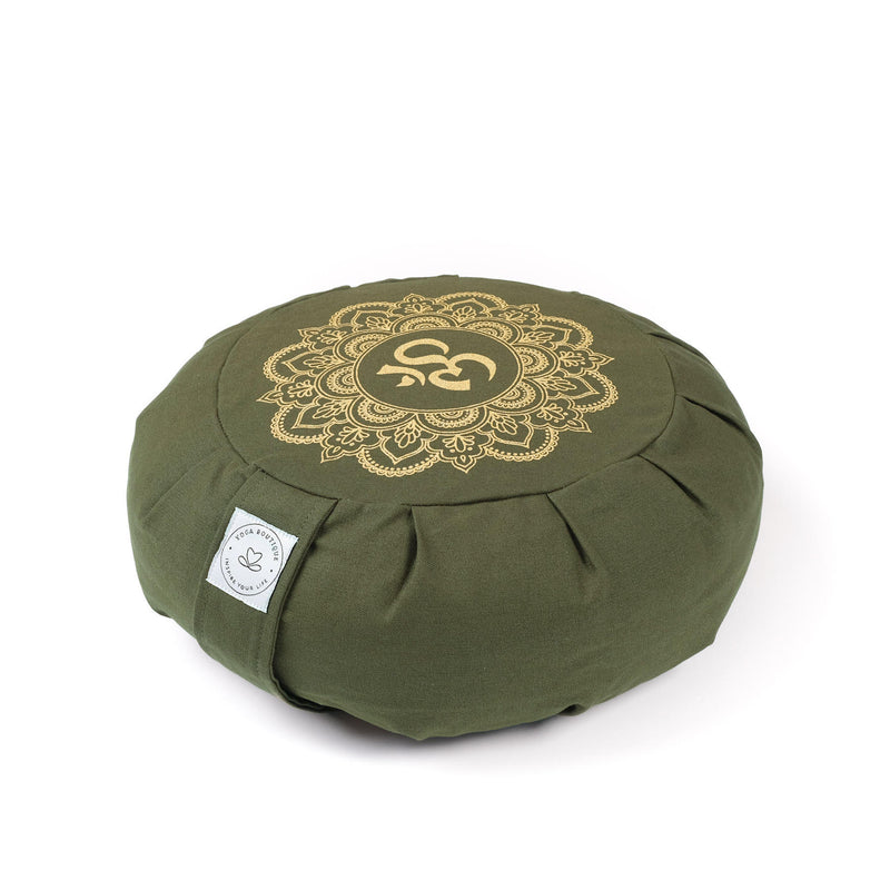 Meditationskissen Zafu aus Bio Baumwolle mit Gold Print Mandala OM olive grün