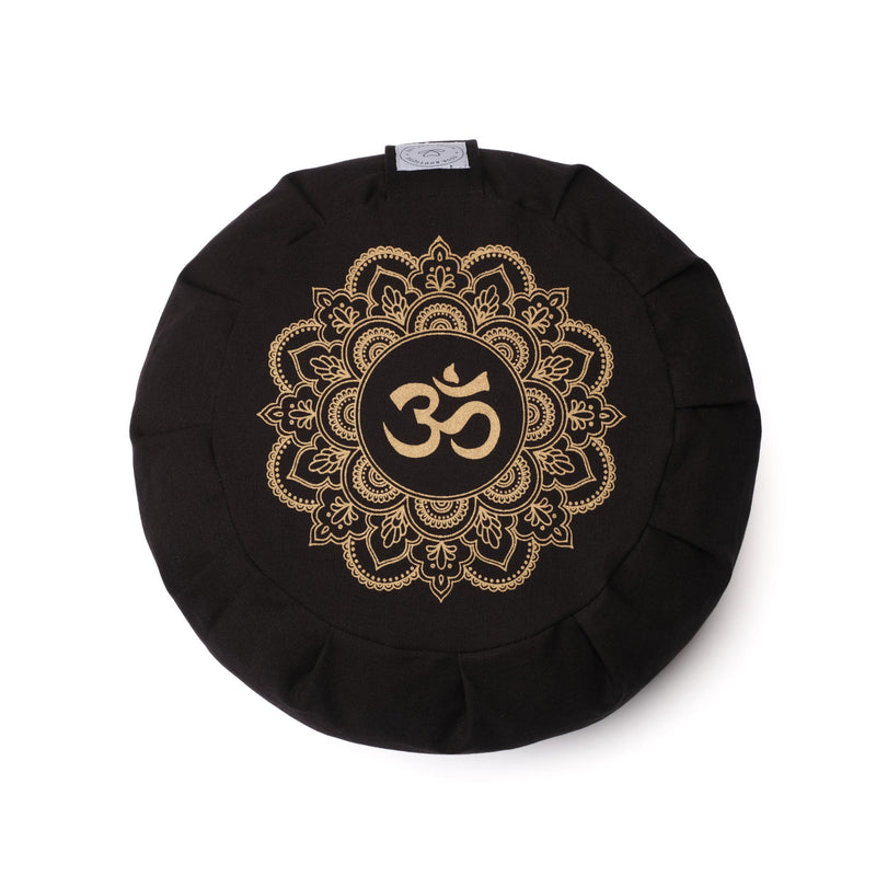 Meditationskissen Zafu aus Bio Baumwolle mit Gold Print Mandala OM schwarz