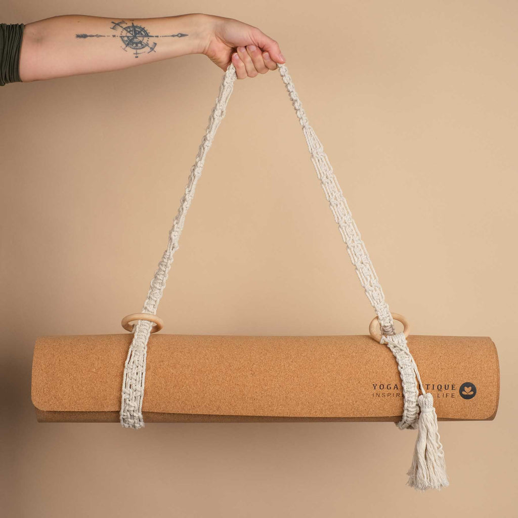Sangle De Yoga Boho En Coton Tressé – 185 Cm, Réglable, Anneaux Bois, Pour Tapis De Yoga Ou Décoration Murale